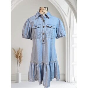 Ophelia Roe Light Wash Denim Look Puff Sleeve Tiered Mini Dress - Small Women's